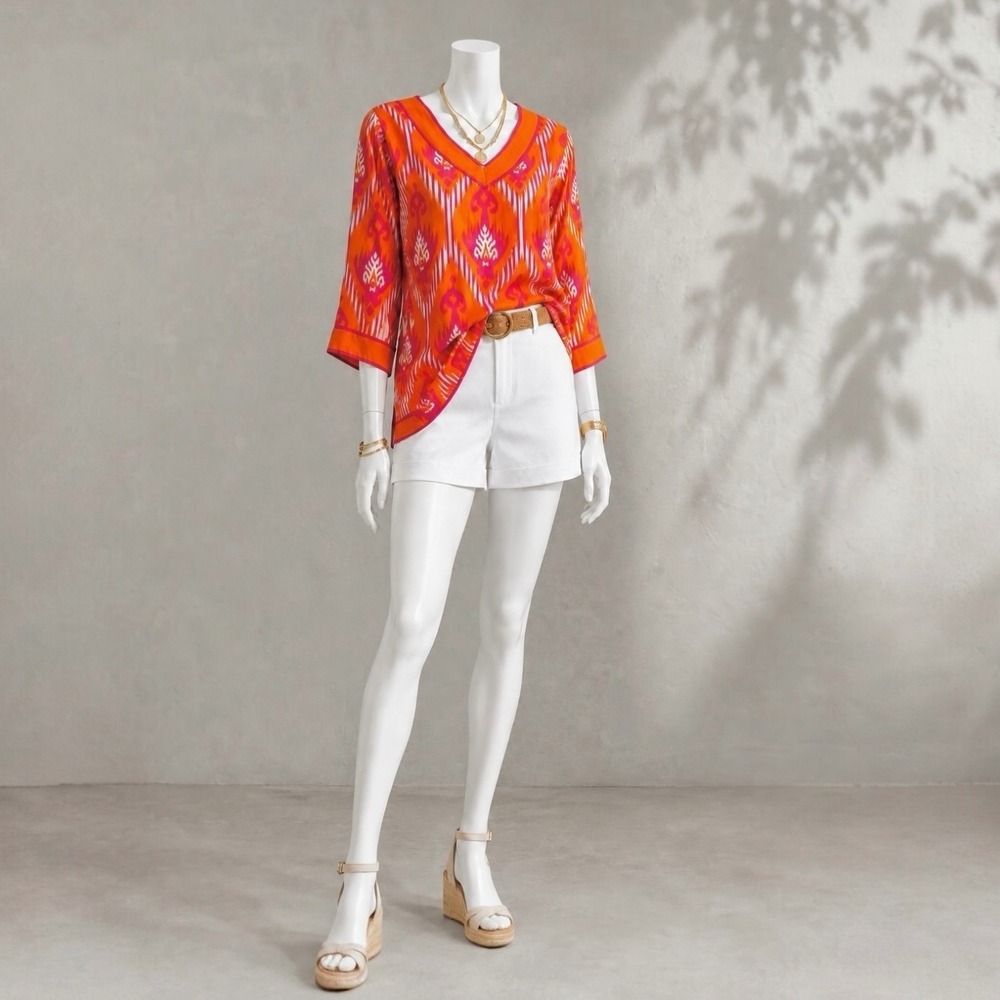 Gretchen Scott Top M Orange Purple Ikat Batik V Neck Cotton Resort Tunic - Picture 14 of 14